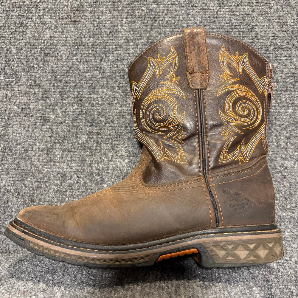 Georgia Boot Kids 8" Carbo Tec Brown Leather Western Work Pull On Boot Women 6.5